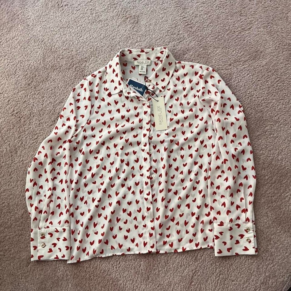 Rachel Zoe White blouse with red hearts and button down